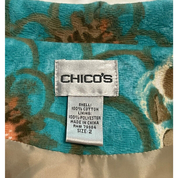 Chicos Blazer Jacket Turquoise Brown Floral Coastal Grandma Size 2 Womens Large - Picture 7 of 8